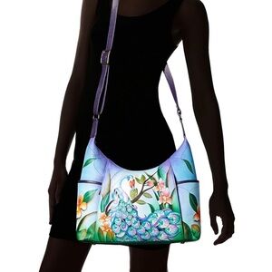 Anna Anuschka Genuine Leather Hand Painted Midnight Peacock Shoulder Boho Tote